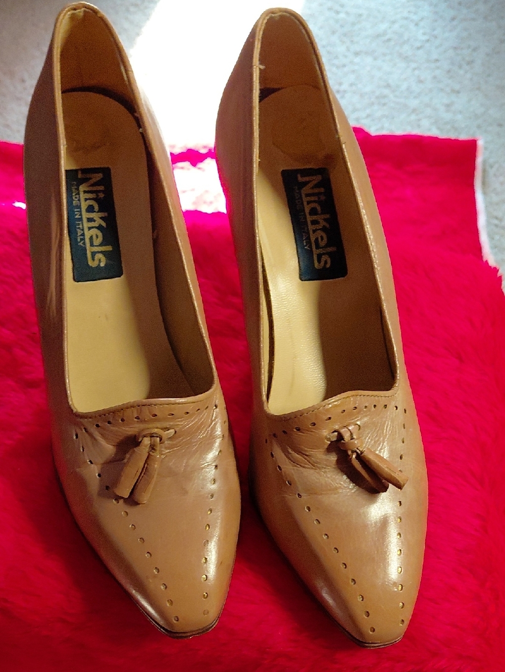 Nickels Tan Leather Pointed Tassel Pumps